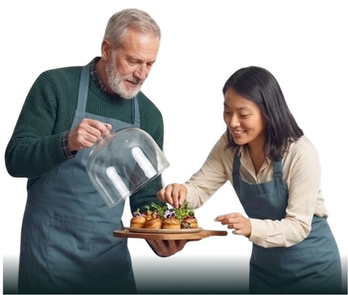 Restaurant employees preparing and serving food together.